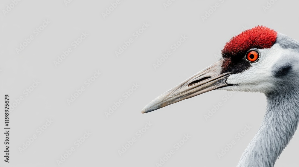 Poster close up of a striking common crane bird showcasing vibrant red and gray plumage against a soft gray