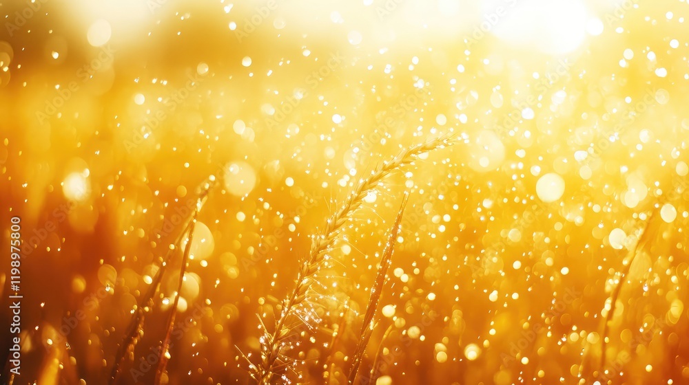 Leinwandbilder close-up view of a golden wheat field illuminated by sunlight with raindrops, creating a glittering 