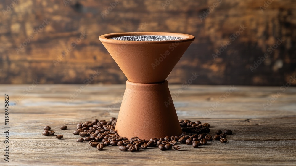 Poster coffee brewing setup featuring a clay funnel with empty filter, surrounded by dark roasted coffee be