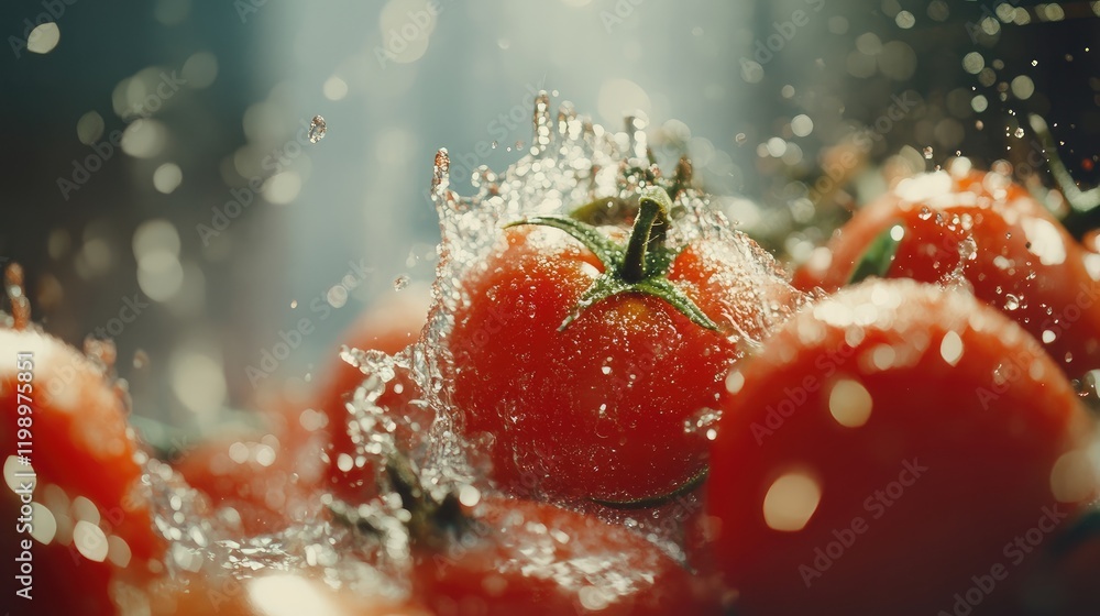 Poster fresh ripe tomatoes splashing in water droplets against a bright studio backdrop with soft bokeh hig