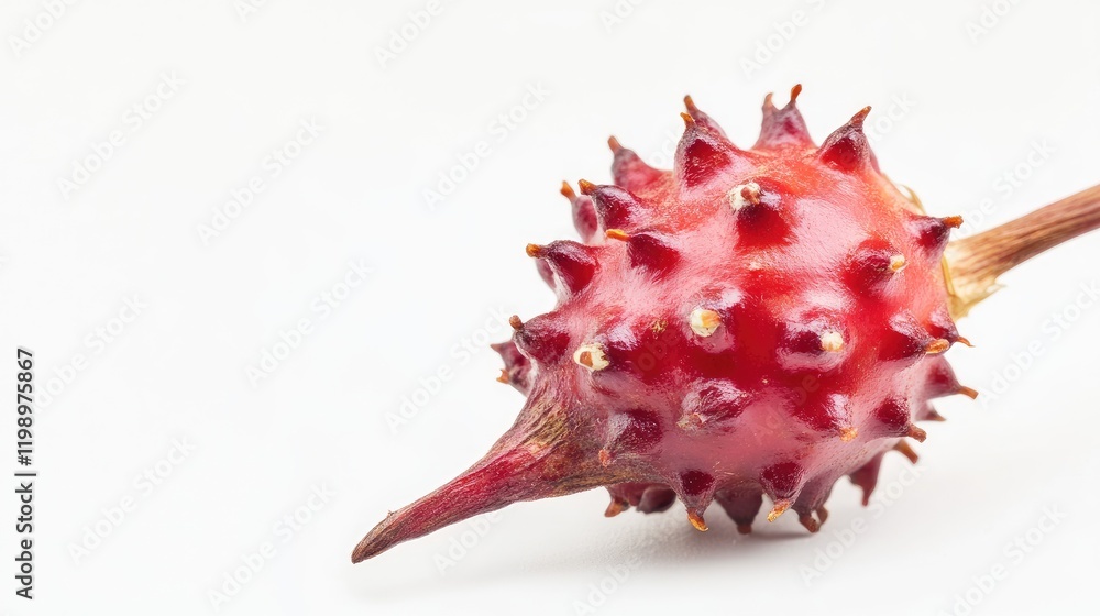 Aufkleber Close up of vibrant red castor bean pod with distinctive spikes on a clean white background ideal for botanical illustrations and text overlay