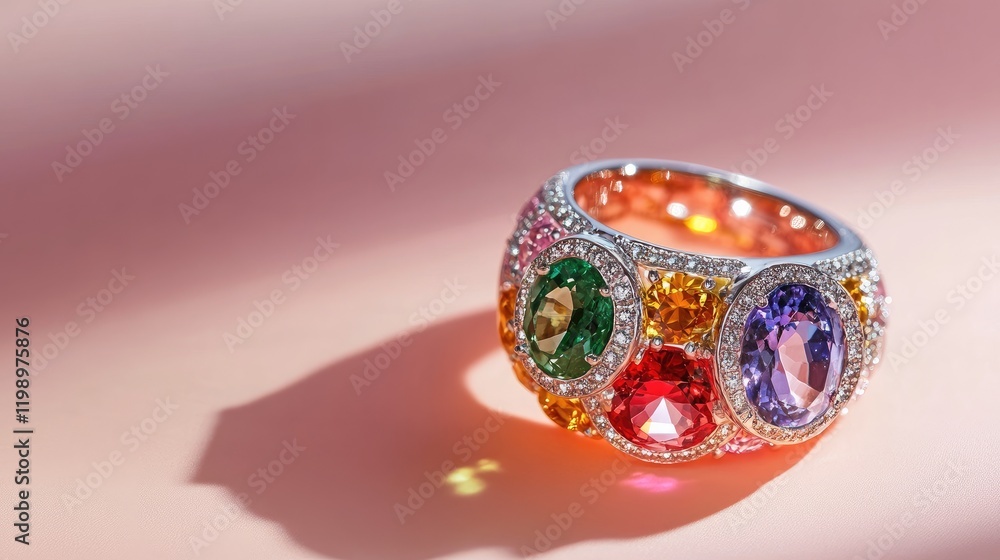 Poster close up view of a vibrant multicolored cocktail ring featuring green yellow red and purple gemstone