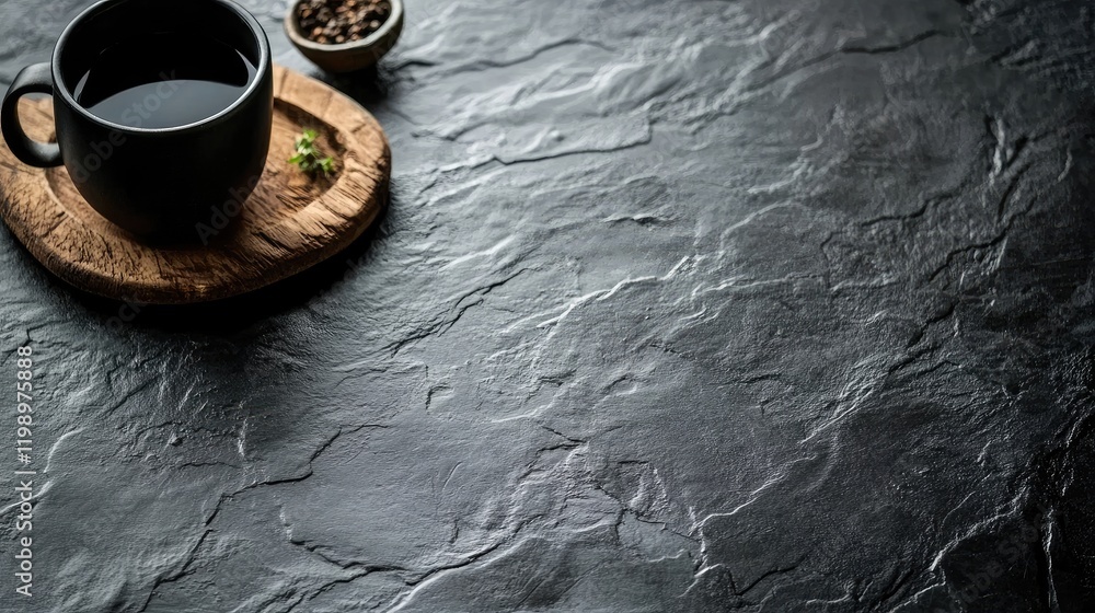 Poster Close up of a rustic wooden board with a black cup and small bowl of spices on a textured dark slate background with empty copy space for text