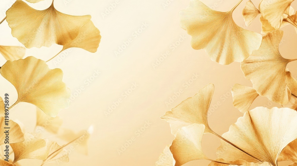 Aufkleber Golden Ginkgo Tree Leaves in Soft Beige Tones with Subtle Textured Background and Generous Copy Space for Natural Themes and Designs