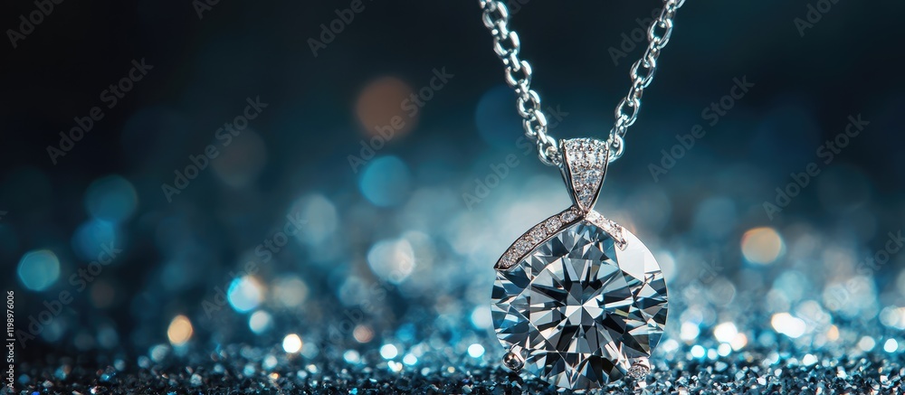 Poster elegant close-up of a sparkling diamond pendant on a silver chain with a bokeh background of shimmer