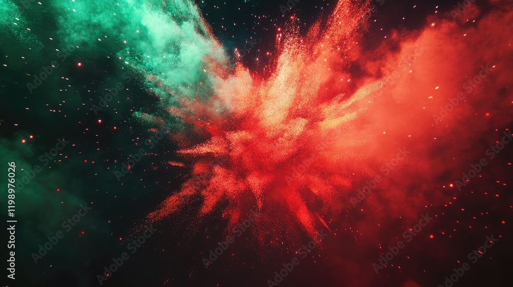 Poster computer generated vibrant red and green fireball explosion in twilight sky with starry background a