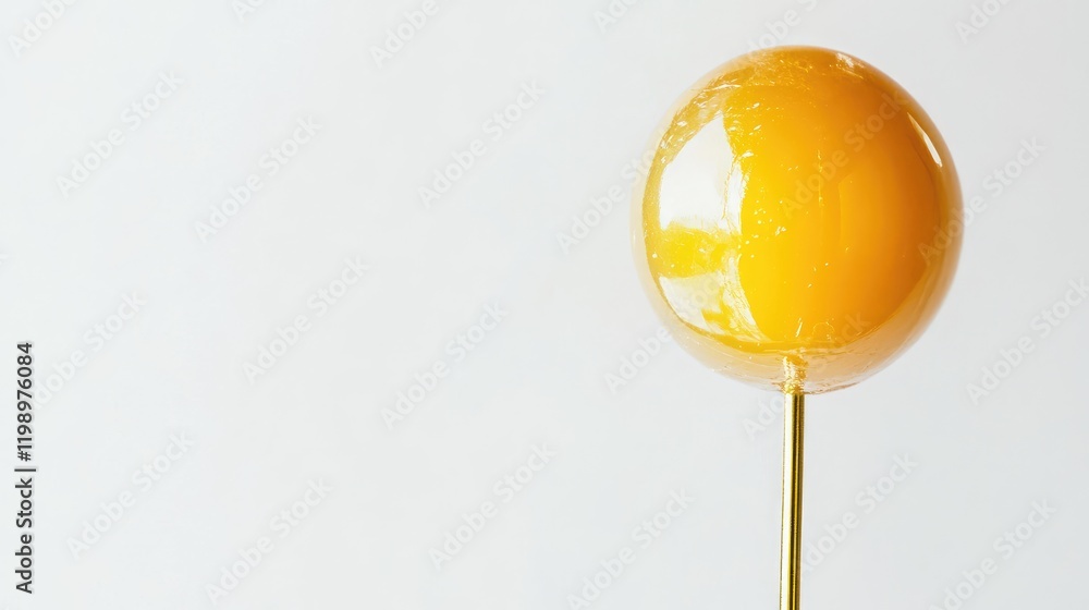 Poster golden egg yolk on clear plastic pin against soft white background with ample copy space for text in