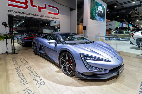 BYD Yangwang U9 (2024) battery electric super-coupe sports car at the Brussels Motor Show. Brussels, Belgium - January 10, 2025.