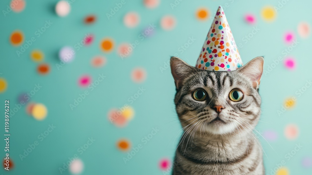 Poster Playful Scottish Fold Cat in Colorful Party Hat Against Soft Blue Background with Multicolored Confetti and Empty Space for Custom Text