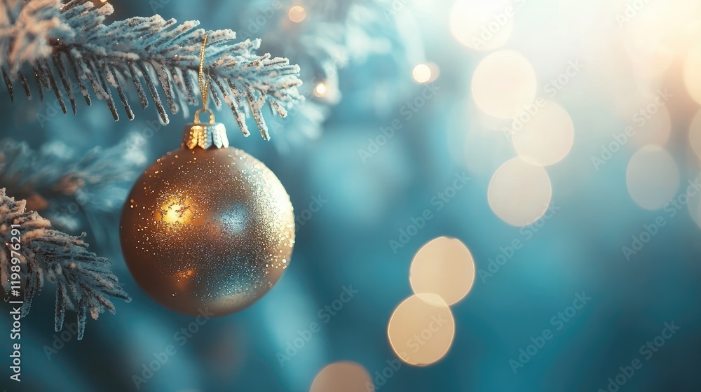 Poster golden christmas ornament hanging from frosted evergreen branches against a shimmering blue bokeh ba