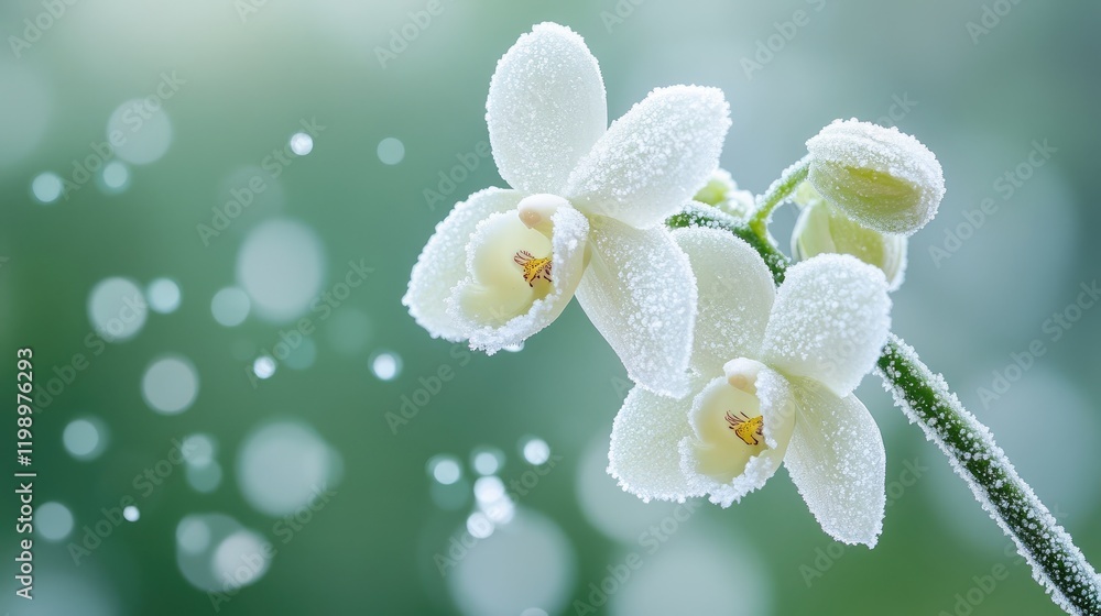 Poster frosted white orchid blooms with dew drops against soft green background creating serene atmosphere 