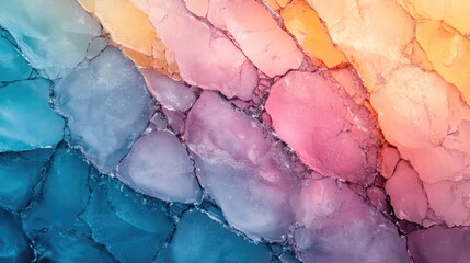 Fototapeta premium Vivid close-up of a colorful glacier featuring intricate fractures in shades of blue, pink, and orange, ideal for text overlay in nature or travel themes.