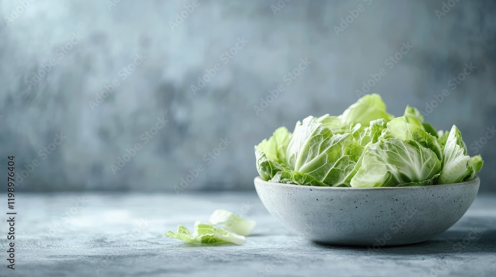 Poster freshly harvested green cabbage leaves in a rustic bowl on a textured gray background with empty spa