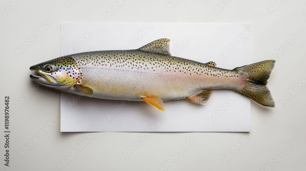 Poster fresh trout fish displayed on white paper with empty copy space for text, captivating natural colors