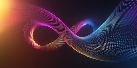 Futuristic glowing rainbow lines swirling in a circular motion, forming the infinity symbol with soft edges, set on a sleek dark gradient background