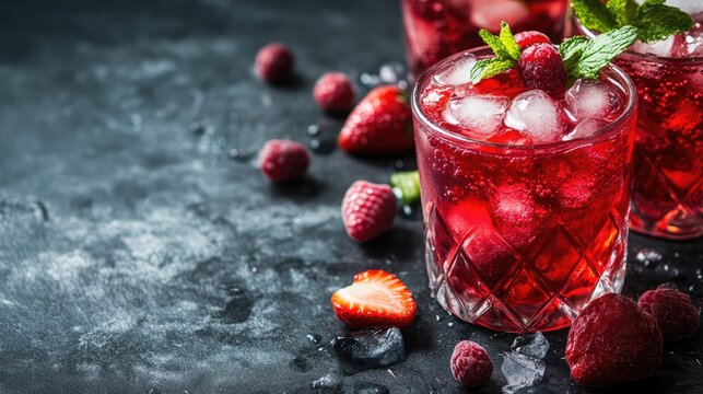 Craft cocktail with raspberries and mint on a dark background, featuring ice and summer fruits, with empty space for text.