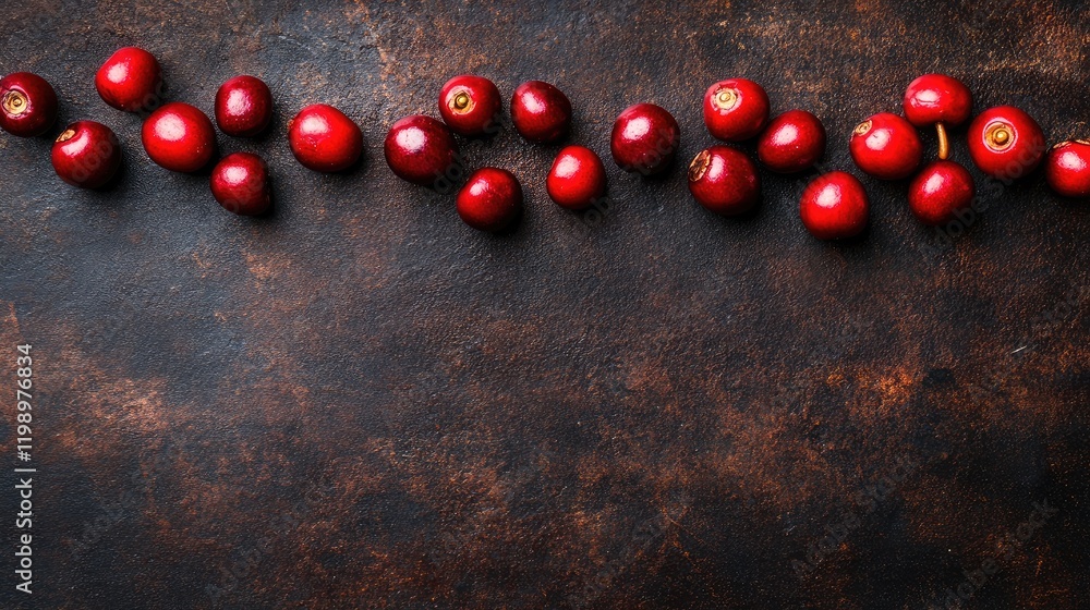 Poster vibrant red coffee cherries arranged in a row on a rustic dark wood background showcasing rich textu