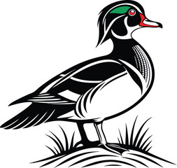 Stylized Wood Duck Illustration - Artistic Depiction of a Wood Duck Perched on Grass