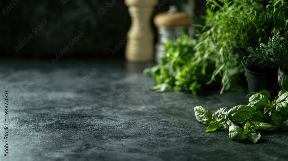 Poster high definition close up of fresh green herbs and vegetables with slight motion blur effect on dark 