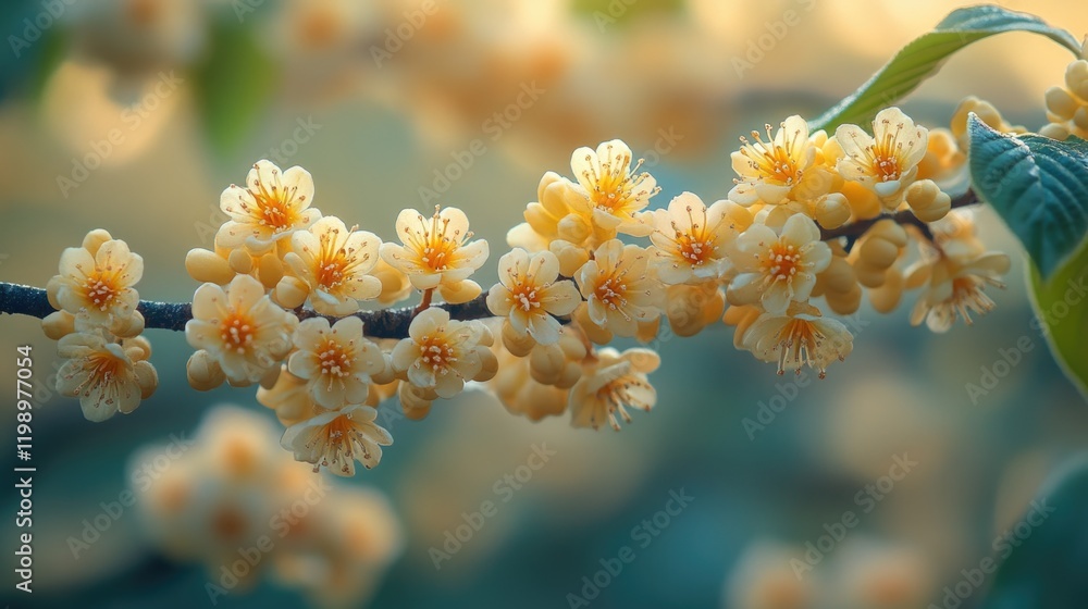 Poster a close-up view of a cluster of colorful flowers growing on a tree branch, suitable for use in desig