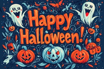 Colorful Halloween decorations feature playful ghosts, carved pumpkins, and spooky bats.
