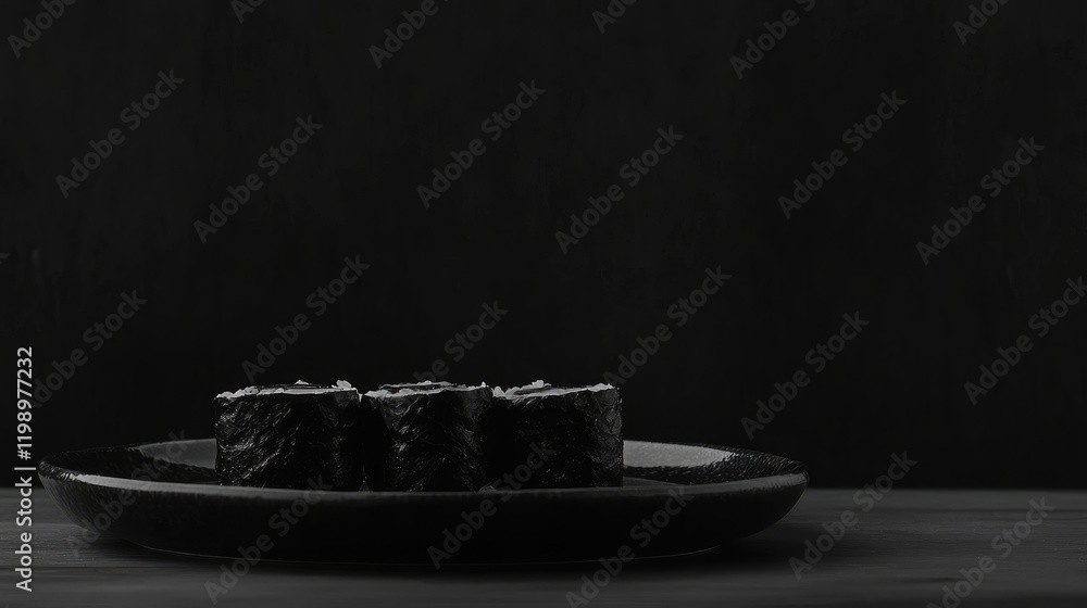 Aufkleber close up of fresh black sushi rolls on a dark textured plate against a black background with ample e