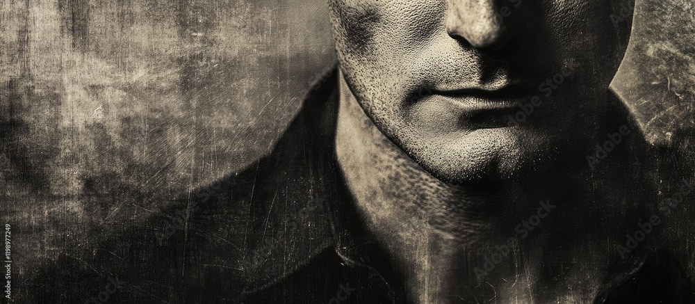 Aufkleber monochrome close-up of a man's partially obscured face in atmospheric tones conveying mystery and se
