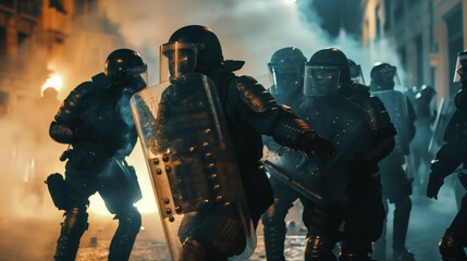 Riot police in action during a tense urban protest, equipped with shields and helmets, moving through smoke and dramatic lighting at night