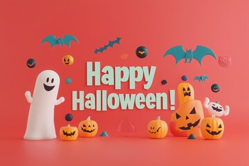 Naklejka premium A lively Halloween display features cheerful ghost figures and carved pumpkins against a vibrant background. Bats and spooky elements enhance the festive spirit.