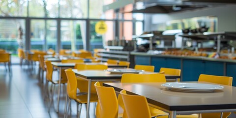 Bright and modern cafeteria with empty yellow chairs and tables, featuring clean plates on the tables, large windows letting in natural light, and a food serving area in the background