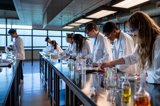 Students conducting experiments in a modern laboratory, wearing lab coats and safety goggles, surrounded by glassware and scientific equipment, focused on collaborative scientific learning