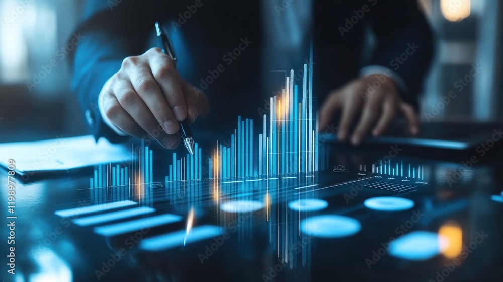 Poster marketing strategy concept. chart with keywords and icons. hands on working desk doing business