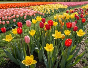 Fototapeta premium Colorful Spring Tulips Field, Blooming Flowers in Garden