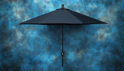 Black patio umbrella against a blue textured background