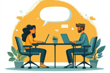 Modern cartoon illustration of two coworkers collaborating in a creative office space