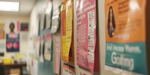 Colorful flyers and posters displayed on a bulletin board in a hallway, creating an organized and informative atmosphere for announcements and communication