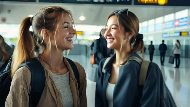 A woman traveler shares her experiences with another passenger in the departure area, forming a connection over their mutual wanderlust