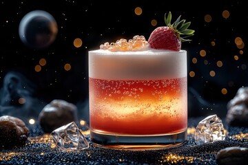 Elegant cocktail with strawberry garnish and sparkling ambiance