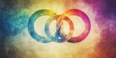 Intertwined gender symbols surrounded by soft, glowing rainbow halos, placed against a textured neutral background for a modern, minimalist appeal