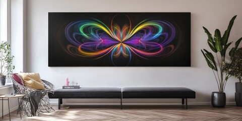 Intricate abstract fractal design with swirling rainbow lights, creating a symmetrical, harmonious composition on a sleek black canvas