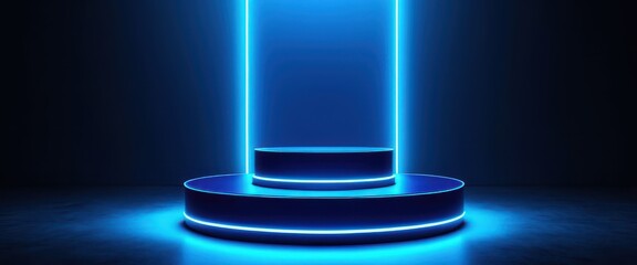 Futuristic neon podium with blue glowing light in dark room