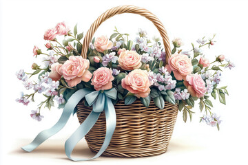 Colorful spring flowers in a wicker basket on white isolated background.
