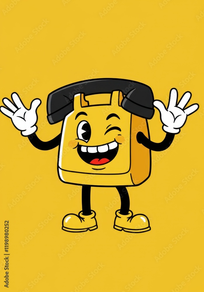 Poster cheerful retro phone character winking with smiling face on yellow background