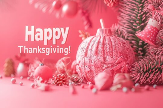 Colorful Thanksgiving decorations feature a pink pumpkin, ornaments, and pine branches creating a festive atmosphere for the holiday. The joyful display invites celebration and gratitude.
