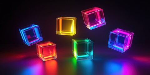 Minimalist 3D cubes with glowing rainbow edges, floating in an abstract arrangement, creating depth and movement