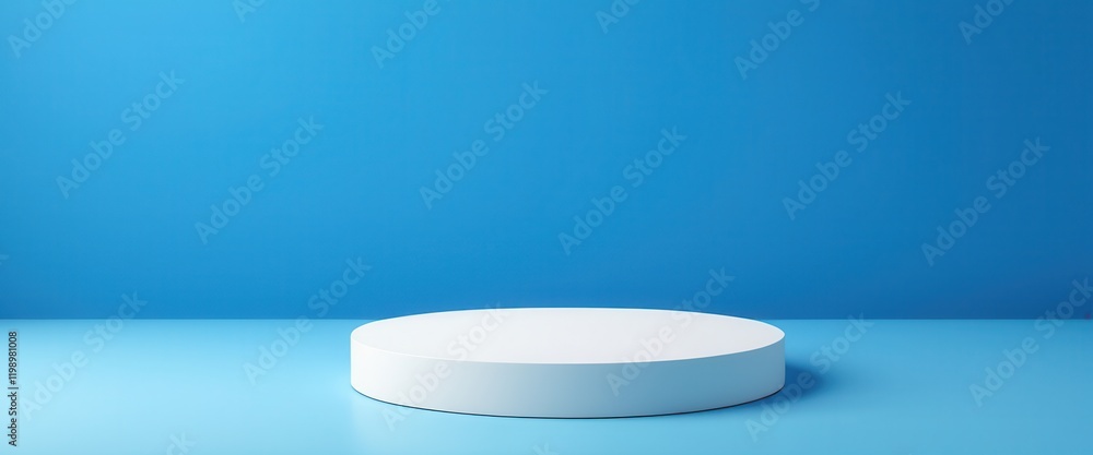 Poster minimalist blue background with white circular platform for product display