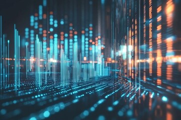 A digital abstract background with blue and white color tones, featuring an array of bar graphs on the right side. The bar charts represent financial data or stock market trends. 