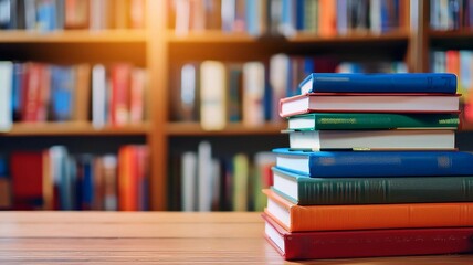 Fototapeta premium Hard cover book stack on the desk in public library. books on wooden table in library