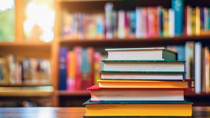 Hard cover book stack on the desk in public library. books on wooden table in library