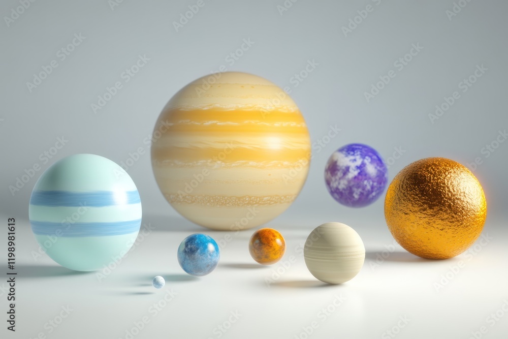Poster a collection of variously sized planets on a white background, ideal for use in educational or scien